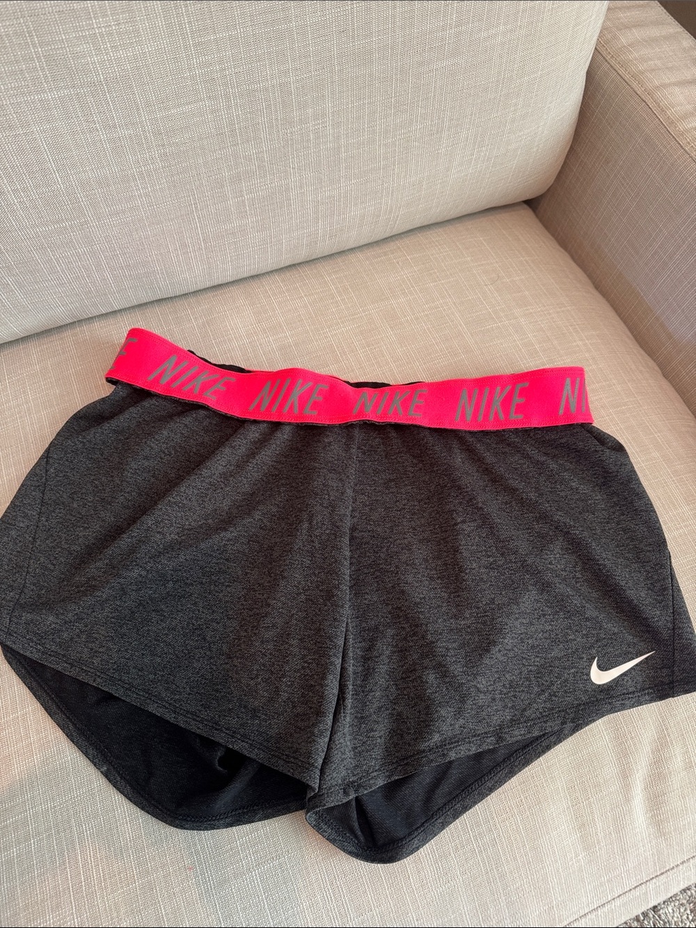 Nike Women's Charcoal Athletic Shorts with Hot Pink Branded Waistband